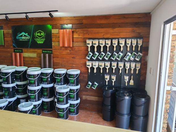 Brushes, membrane and waterproofing accessories on the display board